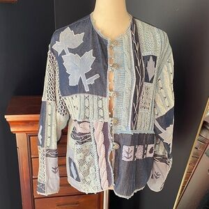 Coldwater Creek Blue Jean Sweater Patchwork Cardigan Jacket Size Medium
